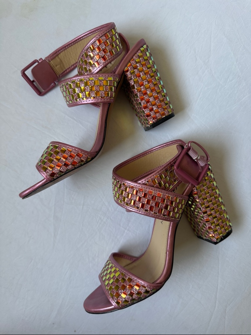 Katy Perry Collections Pink Metallic Woven Block Heel Sandals - Sz 8.5